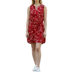 BeachLunchLounge Red Floral Shift Dress V-Neck Sleeveless Tassel Waist Tie S/P