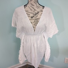 Sea Spice Women&rsquo;s Dress Cover Up medium White Cotton Embroidered 3/4 Sleeve Res