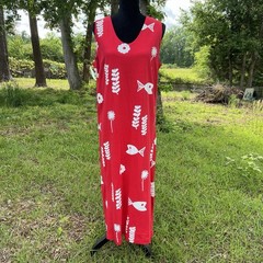 Vintage Cotton Fields M Mac Abstract Fish Print Lagenlook Maxi Tank Dress Size M