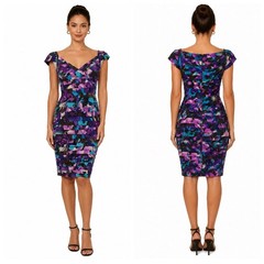 NWT Adrianna Papell Floral Tiered Pleated Sheath Dress Purple Teal Size 10
