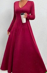 Round Neck Lentern Sleeve Front Lace up Burgundy Dress L
