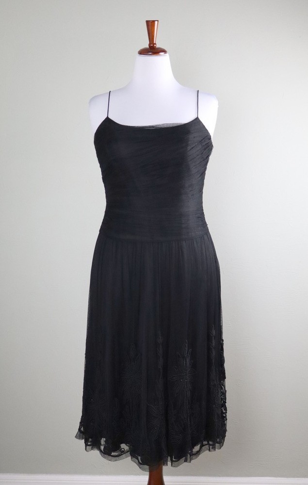 CARMEN MARC VALVO Collection Beaded Vintage Mesh Lace Midi Evening Dress Size 12
