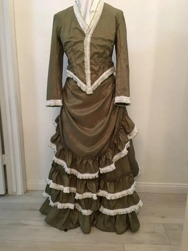 Victorian Edwardian Duchess Walking Costume Women Gothic Ruffle Bustle Evening