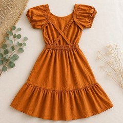 ASTR The Label Camel Puff Sleeve Ruffle Scoop Neck Midi A-Line Dress Sz S