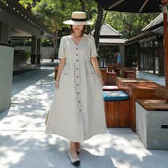Womens Cotton Blend Dress V-neck Long Belt Button Loose Casual Fairy Apricot New