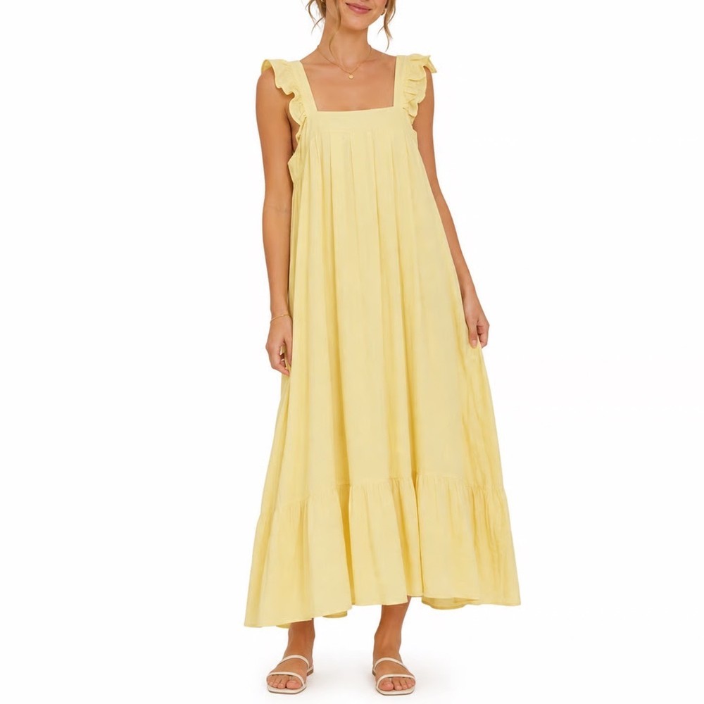 MABL Yellow Ruffle Strap Button Front Tiered Midi Dress Size M