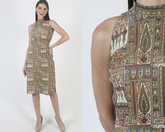 Vintage 50s Rockabilly Print Dress Mid Century MCM Pencil Skirt Cocktail Party