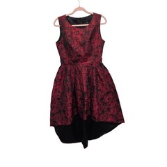 Dark Romantic Floral Jacquard Brocade High Low Fit Flare Party Holiday Dress 10