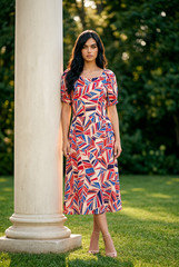 maggie of london dresses Geometric red white Midi