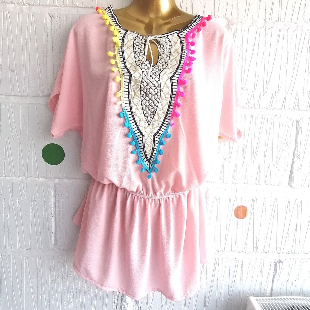 🌴Size S/M Retro 80s 90s Satin Embroidered Sequin Pom Pom Pink Peach Mini Dress