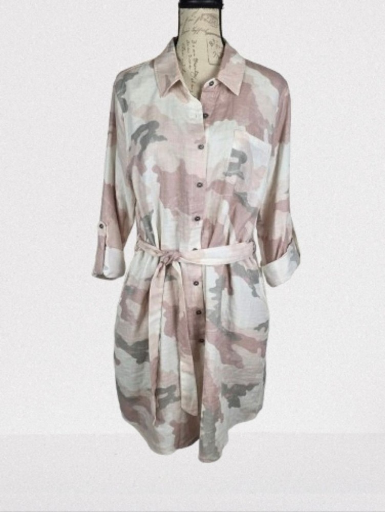 DownEast Pink Camo Button-Up Shirt Dress Pink Grey Women&rsquo;s Large