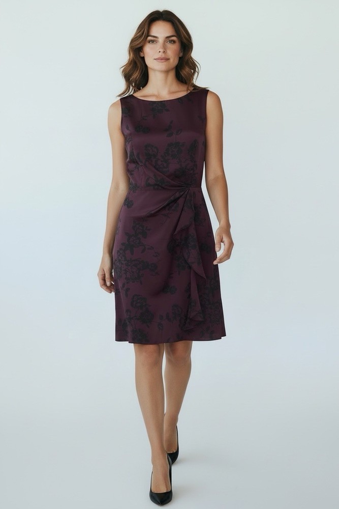 Banana Republic Womens Size 2P Sleeveless Round Neck Burgundy Black Floral Dress