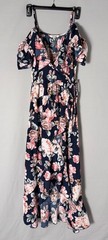 Blush Navy Floral Cold Shoulder Ruffle Trim Maxi Wrap Dress with Tassel Detail