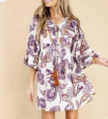 Band of the Free Paisley Cream Purple A-Line Dress L Tasseled Balloon Sleeve