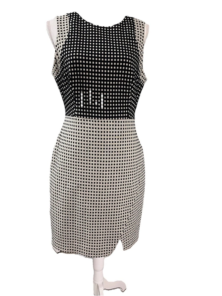 Covington Black White Square Pattern Sleeveless Sheath Knee Dress Size 10