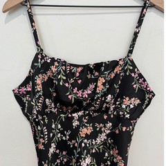 Inspired Hearts Black Floral Satin Midi Slip Dress Adjustable Straps Slit XL