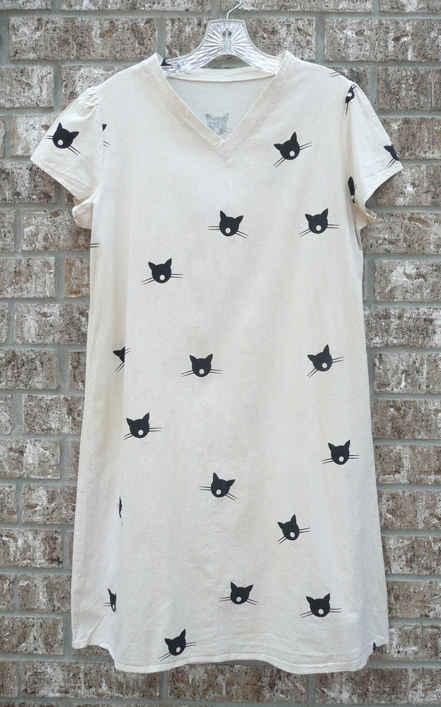 Cotton Black Cat Print Shortsleeve Size XXL Women&rsquo;s Pullover Dress Cream Beige