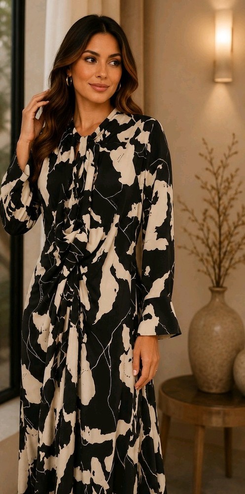 Women’s Black/White Abstract Collared Long Sleeve Maxi Long Dress Regular M/L