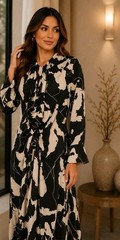 Women’s Black/White Abstract Collared Long Sleeve Maxi Long Dress Regular M/L