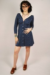 60s Long Sleeve Mini Dress (M) medium blue vintage dot print retro rockabilly