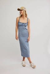 Free People Lucinda Plaid Midi Dress Square Neck Fitted Ruffle Sleeveless L NEW