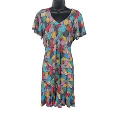 Abstract Leaf Print Dress Button Front Boho Retro Artsy Bohemian Colorful Small