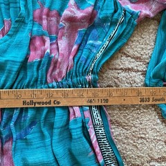 KANTHA BAE O/S 100% Silk Boho Teal Floral Pink Maxi Dress Keyhole Balloon Sleeve