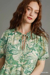 Umgee Green Tiered Floral Print Dress Tie Front Neckline Short Sleeves