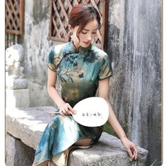 Qipao Long Dress Split Side Modern Plus Size Short Sleeve Ancient Chinese Party