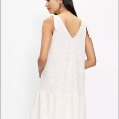 LOFT Bow Strap Button Front Linen Stripes Flounce Dress Ivory Multi-Color Medium