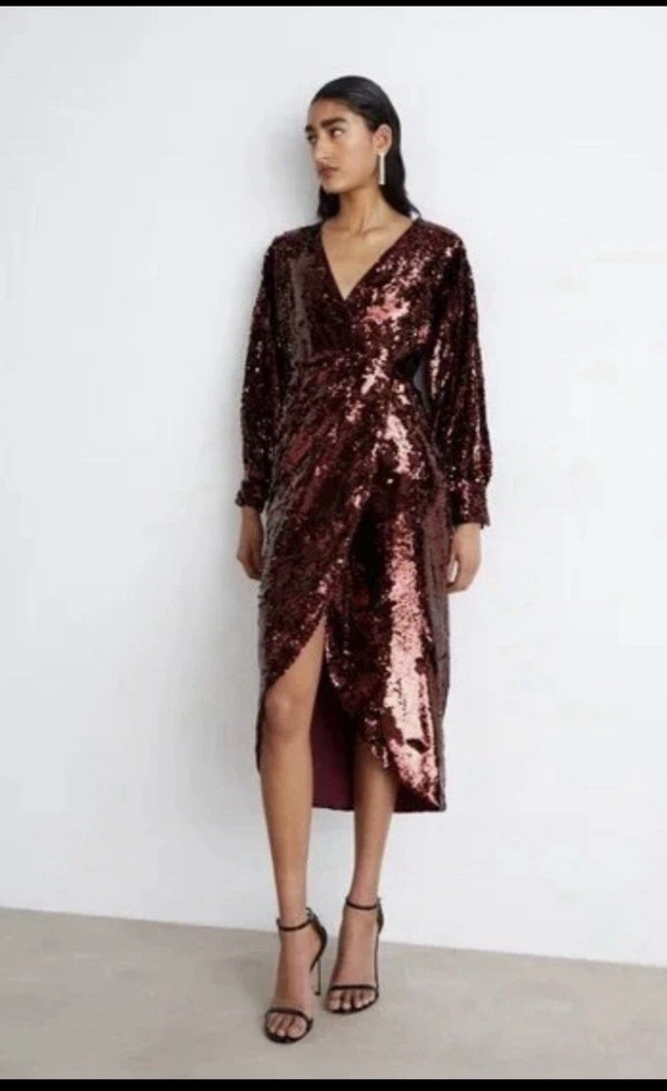 Ted Baker Emalee Sequin Wrap Plunge Neck Dress Burgundy Glam NWT Size 1 US 4