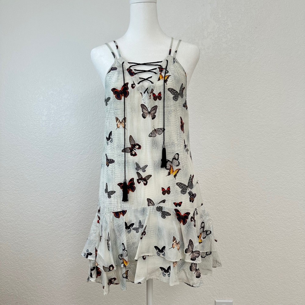The Kooples Butterfly Print Silk Mini Dress Women Small White Lace Up Ruffle