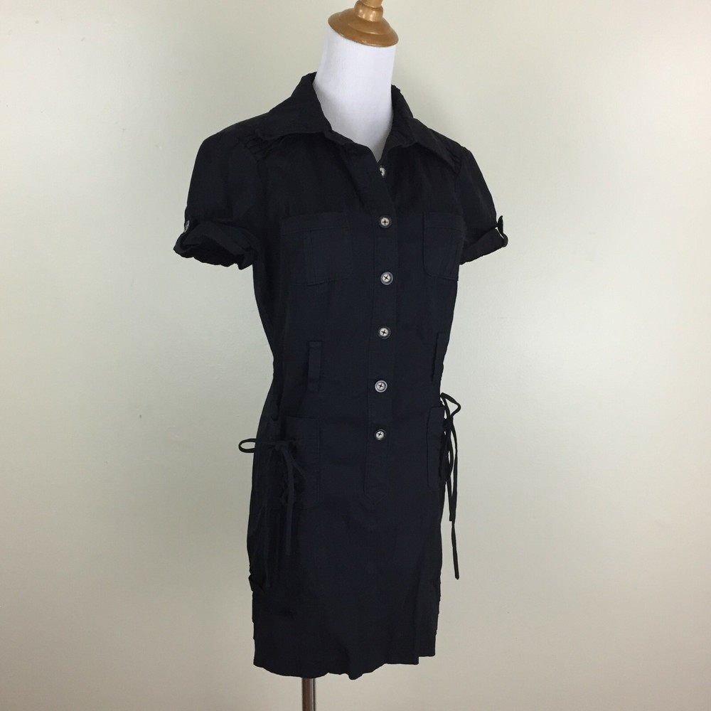 BEBE Black Short Cuffed Sleeve Button Lace Up Pockets Dress Womens sz 4-6