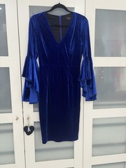 Womens Blue Velvet Bell Sleeve Dress Small V Neck Long Sleeve Party Cocktail