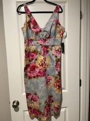 Vita di Moda Blue Pink Floral V-Neck Sleeveless Satin Midi Sheath Zip L 2012C