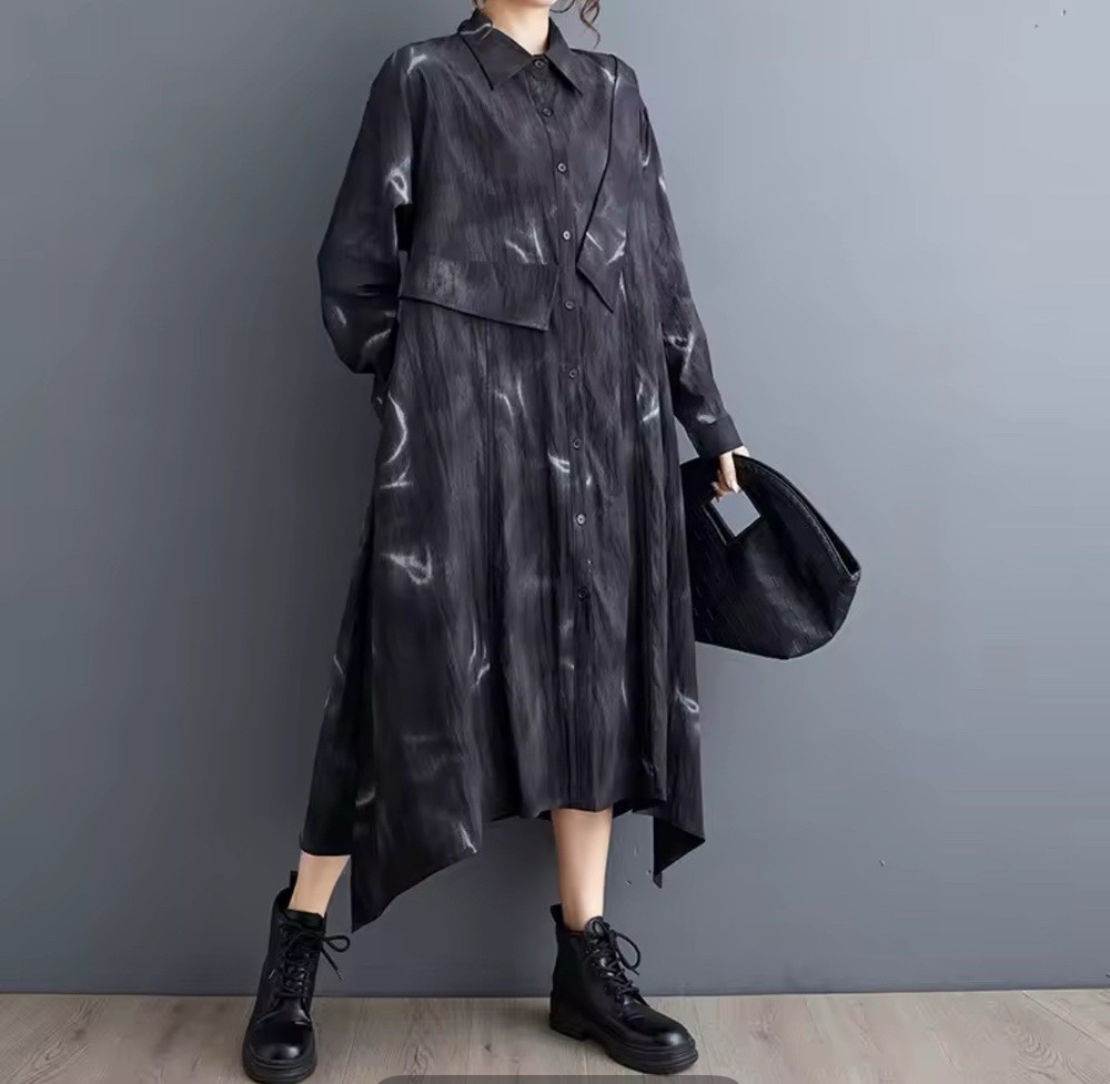 Black Abstract Ladies Arty boho Relaxed Casual Urban Chic Shirt dress 14 16