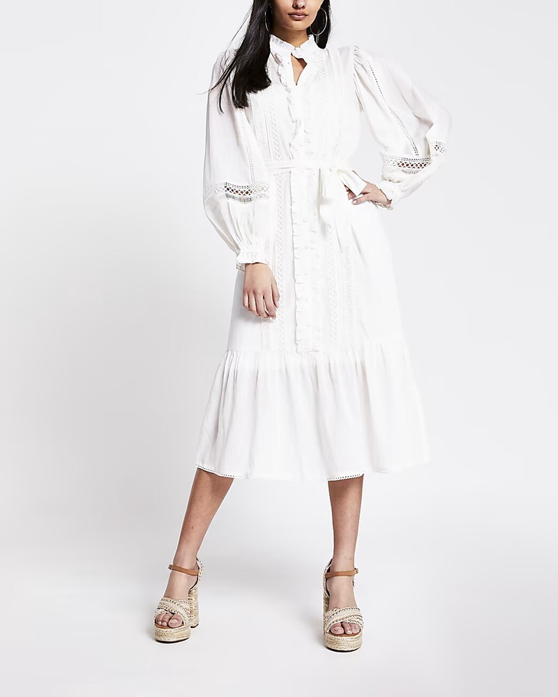 River Island Ruffle Embroidered Long Sleeve Midi Dress Crochet Lace S NEW 233739