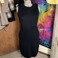 Vintage 80s Black Adrienne Vittadini bodycon midi dress with beaded neckline