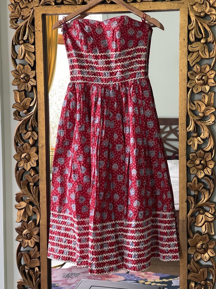 Lanz Originals Red Sweetheart Strapless Fit & Flare Midi Heart Ricrac Sz 2
