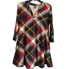 Lil&rsquo;dy Plaid A-Line Swing Dress 3/4 Sleeve Stretch Fall Tunic with Pockets S M