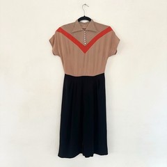 vintage 1940s colorblocked rayon dress rhinestone button 30s 40s S