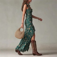 Women Elegant Floral Beach Vacation Streetwear Sexy Low Cut Beach Party Slim Sli
