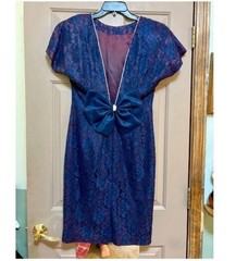 Womens VTG 80s Datiani Navy Blue & Purple Lace Pearl Trim Bow Back Dress Size 10