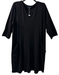 Eileen Fisher L LARGE V-neck Elbow Sleeve A-Line Dress Jersey Knit $178 Black