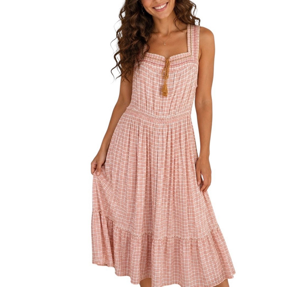 Summer Gingham Picnic Sleeveless Smocked Maxi Dress Pink Plaid Women’s M Pockets