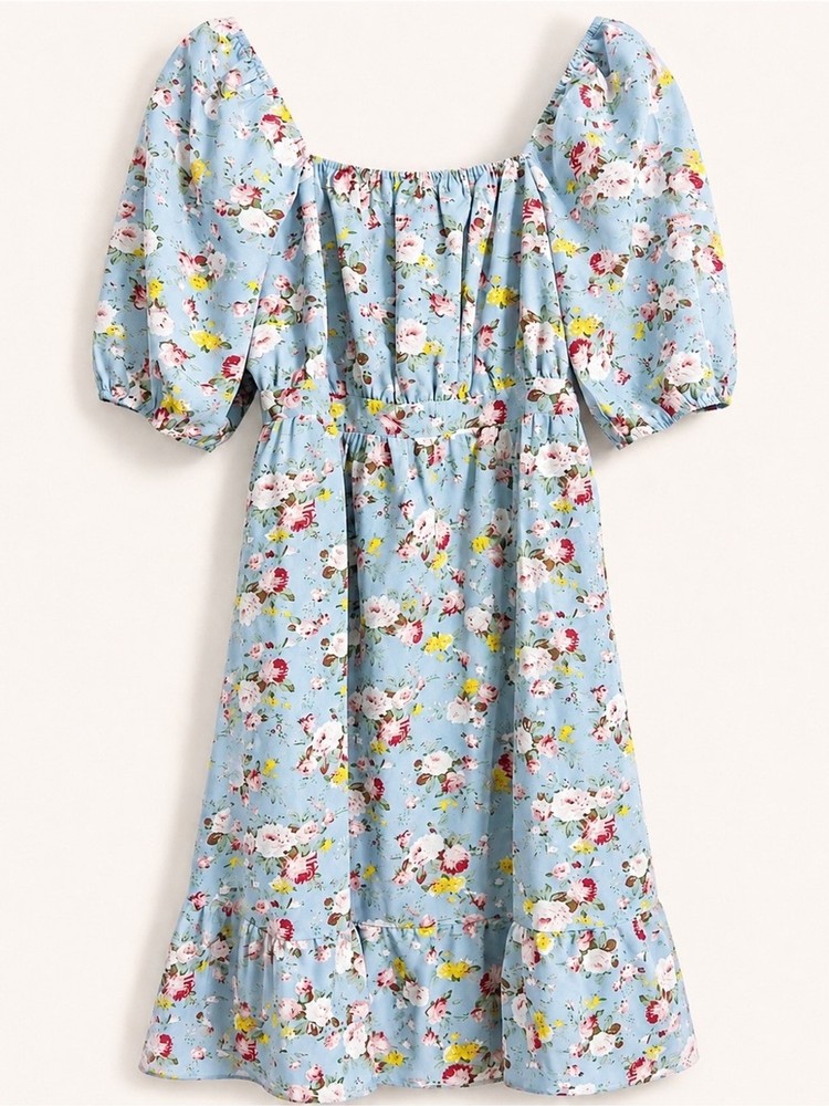 Kojooin Floral Puff Sleeve Cutout Midi Dress