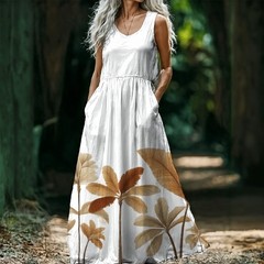 White Brown Floral Tropical Round Neck Sleeveless Maxi Dress Pockets L