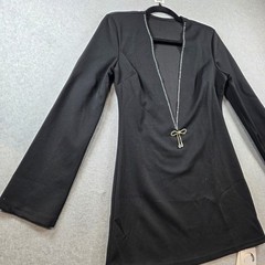 Commense Black Rhinestone Bow Deep V-Neck Long Sleeve Mini Dress XS NWT