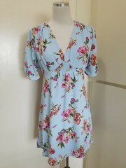 Available By Angela Fashion, Lt Blue Floral, V-Neck Empire Short Dress, L, NEW