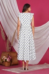 Hand Block Printed Cotton Flared Midi Dress Wide Frill Sleeve Dress with Lining